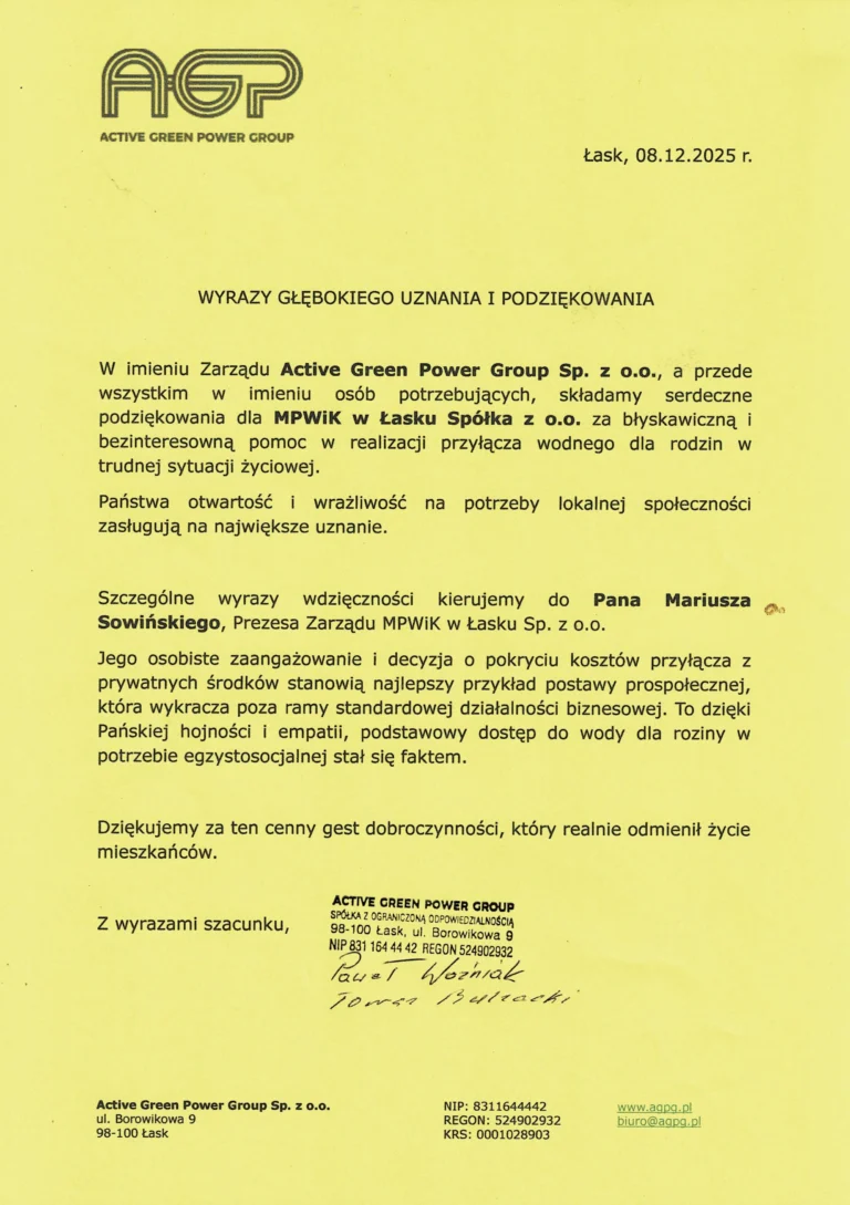 Wyrazy głębokiego uznania i podziękowania dla Pana Mariusza Sowińskiego, Prezesa Zarządu MPWiK w Łasku Sp. z o.o.